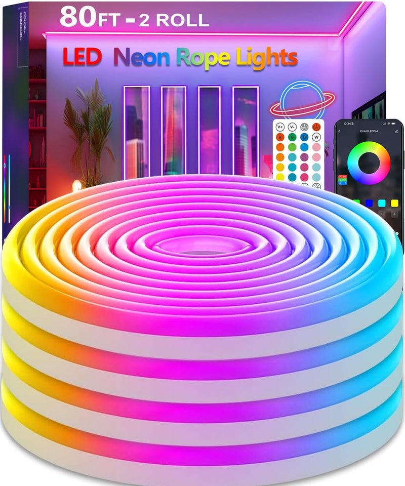 httpsmp Neon Rope Lights,Flexible Led Light Control with App/Remote,Multiple Modes,IP67 Outdoor Waterproof,Music Sync Strip for Bedroom (80FT Led Rope Lights) - Image 1